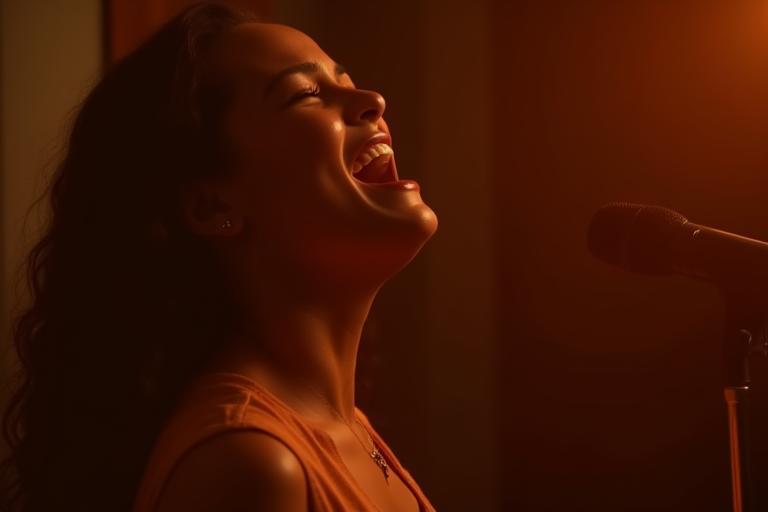 Person singing passionately in a supportive studio environment, expressing emotion through music.