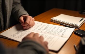 Person reviewing sheet music at a desk, planning a practice session