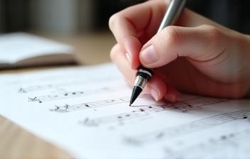 Person writing musical notes on a staff, understanding theory
