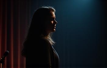 Person looking calm and focused before a performance on a dimly lit stage